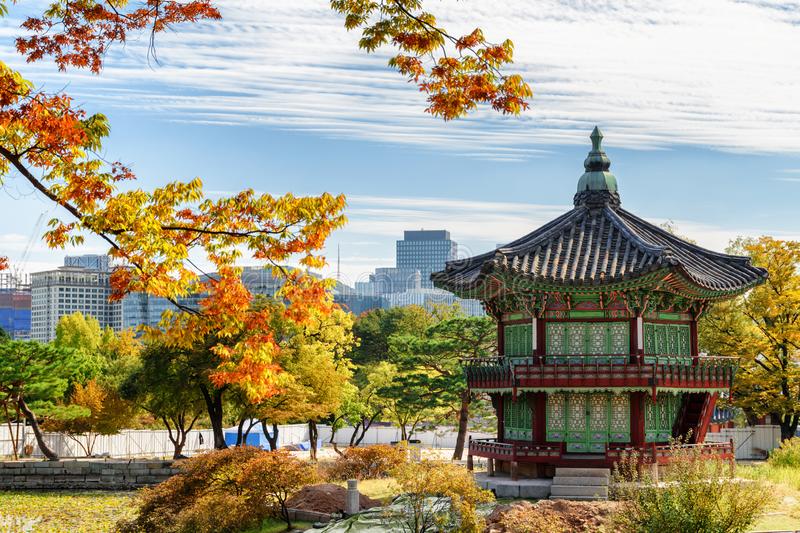 Gyeongbokgung Palace Hyangwonjeong At Autumn In Seoul, Korea Stock ...