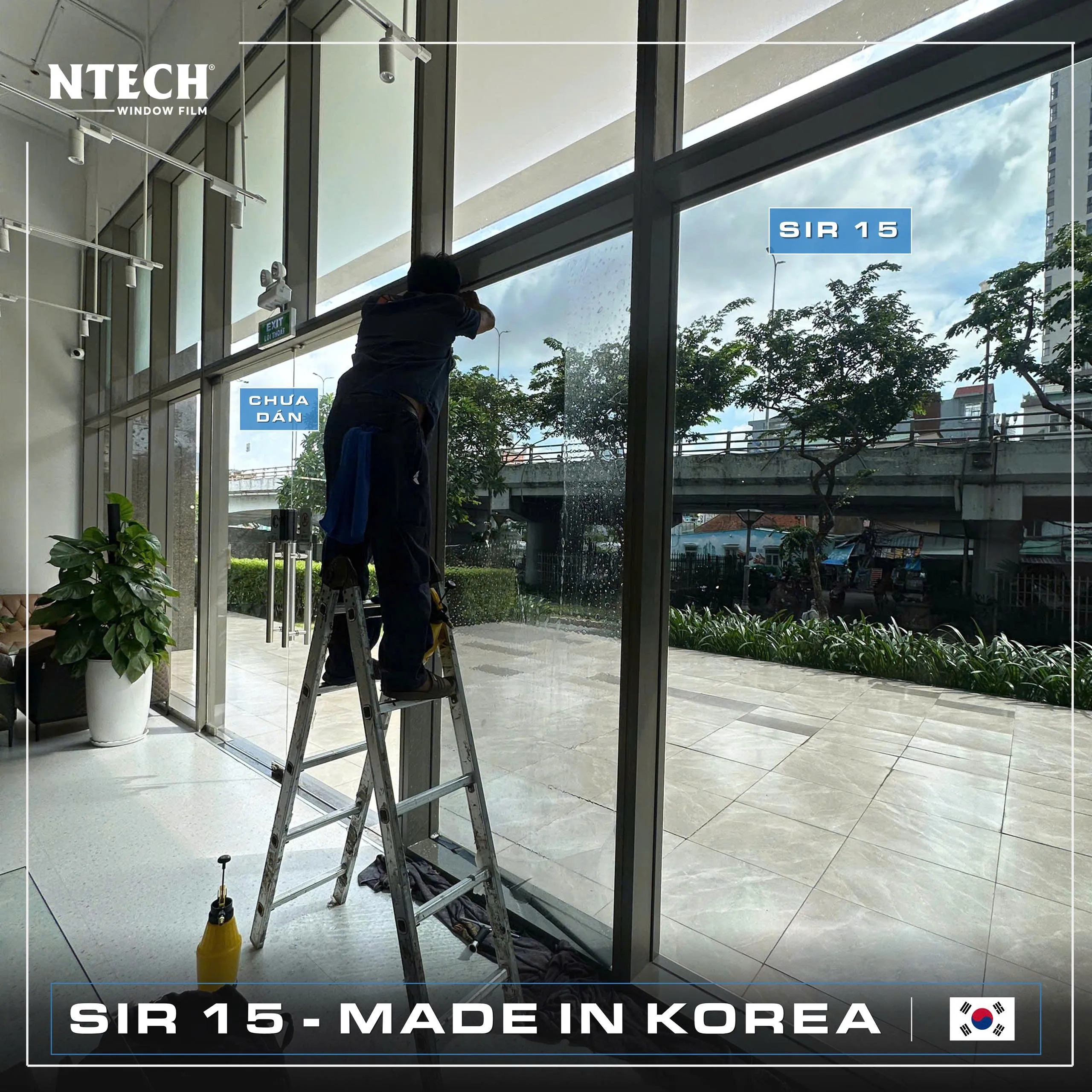 Hình ảnh thực tế thi công dự án dán phim cách nhiệt NTECH SIR 15 cho kính toà nhà