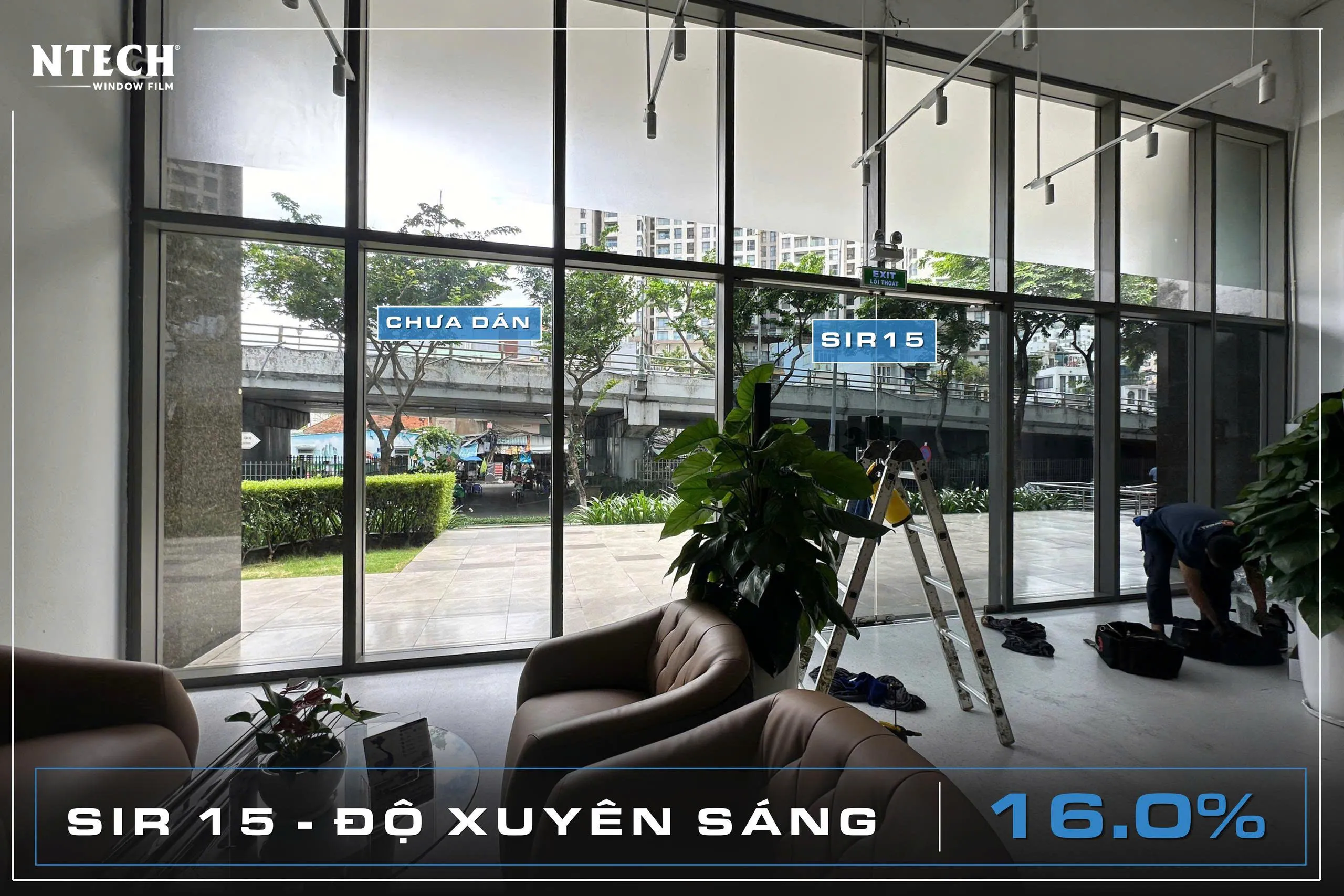 Hình ảnh thực tế thi công dự án dán phim cách nhiệt NTECH SIR 15 cho kính toà nhà
