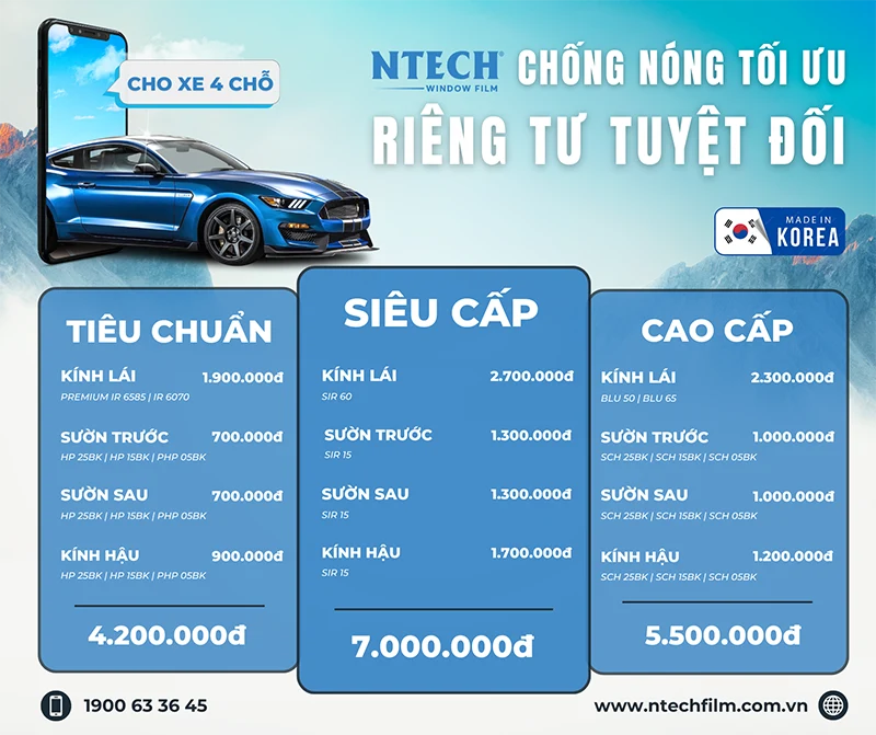 Bảng giá dán phim cách nhiệt NTECH cho xe 4-5 chỗ