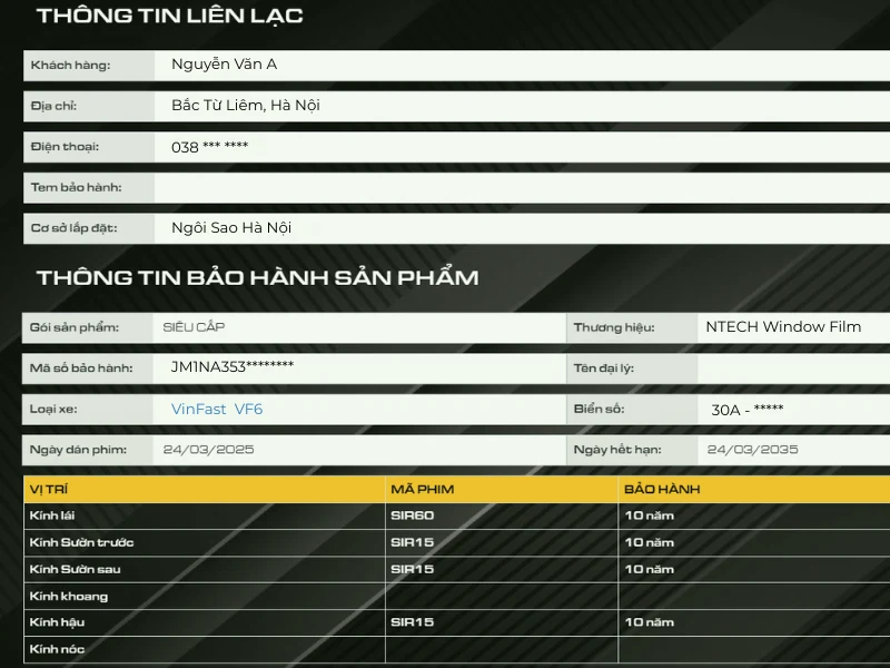 Chính sách bảo hành dán phim cách nhiệt cho xe VinFast VF6