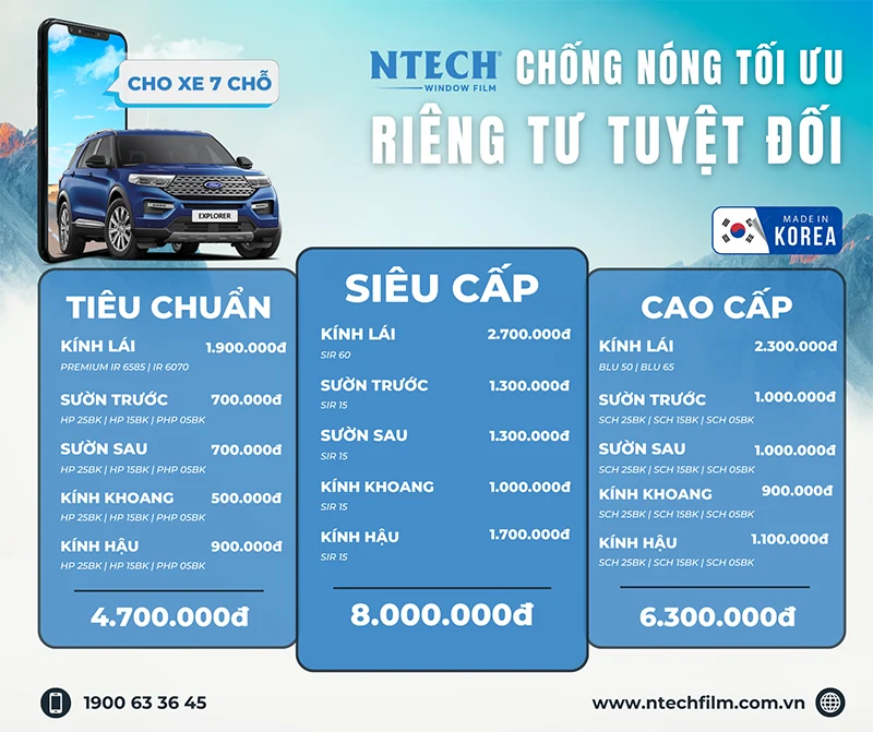 Bảng giá dán phim cách nhiệt NTECH cho xe 7 chỗ