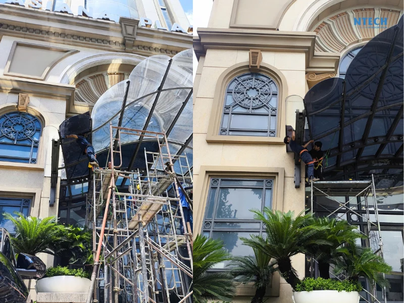Hình ảnh thi công dán phim cách nhiệt mái kính trung tâm hội nghị và tiệc cưới Asiana Plaza