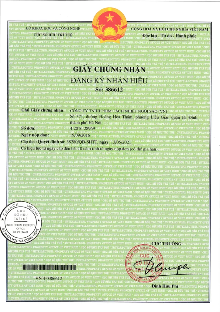 Giấy chứng nhận đăng ký nhãn hiệu phim cách nhiệt nhà kính NTECH