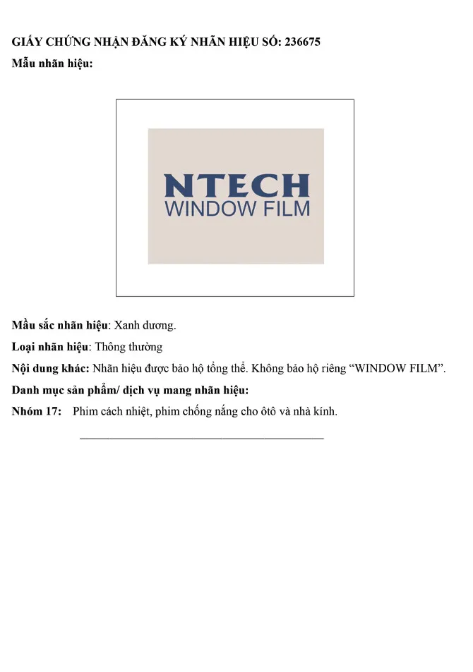 Giấy chứng nhận đăng ký nhãn hiệu NTECH 236675