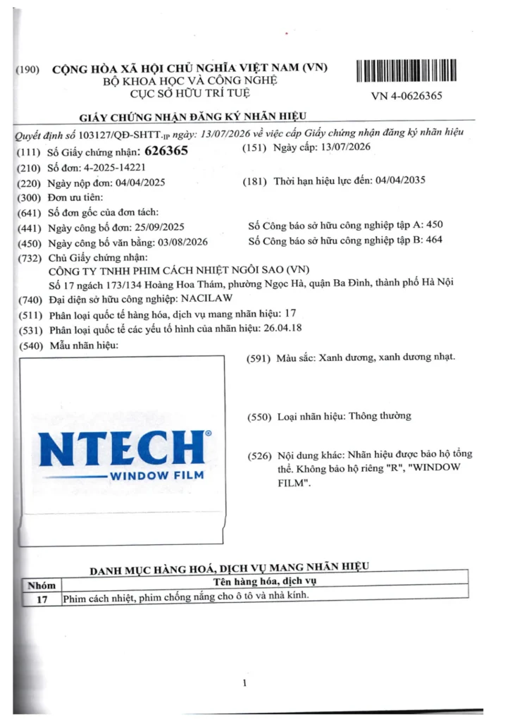 Chứng nhận đăng ký nhãn hiệu đến 4/4/2035