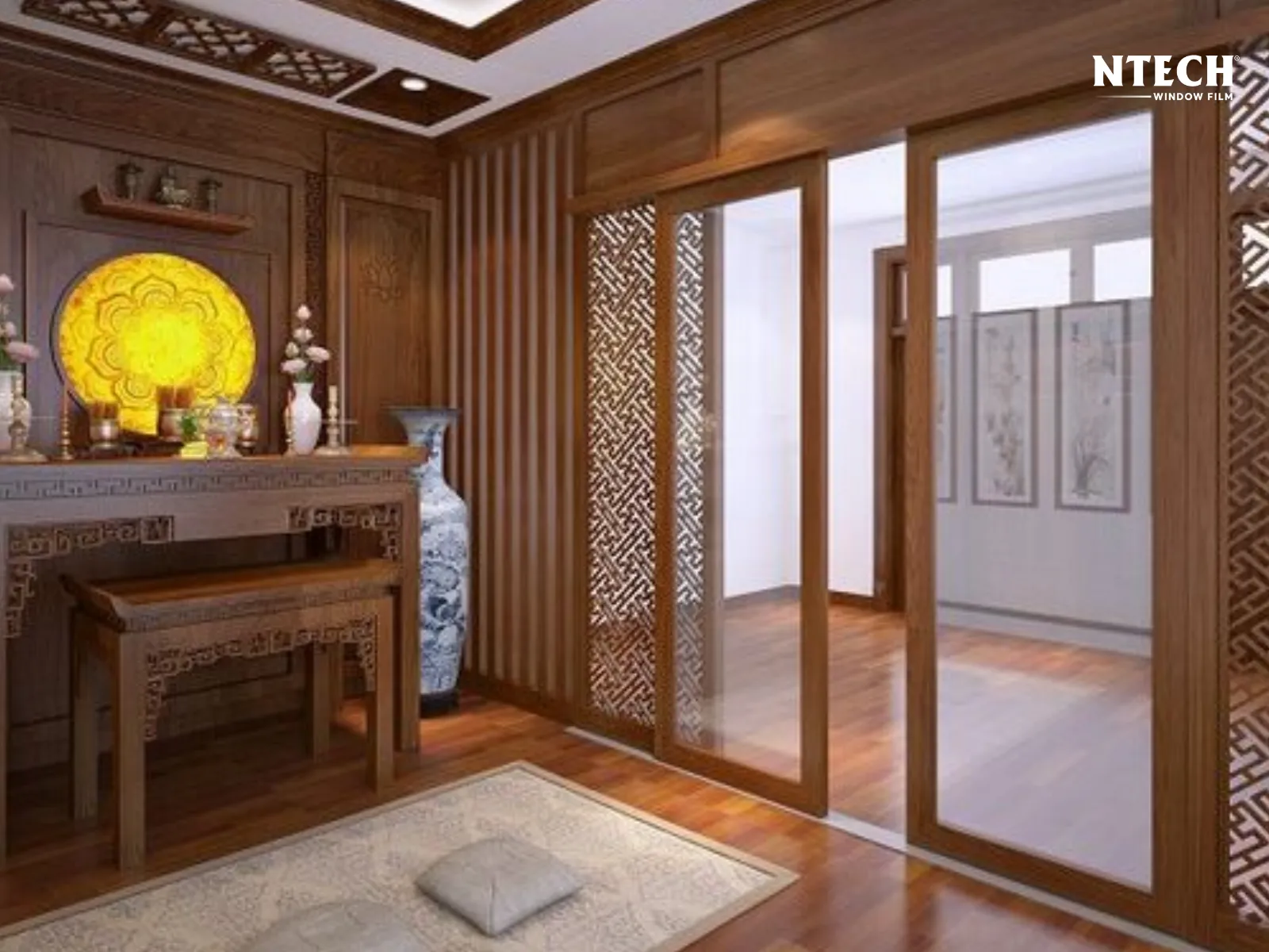 Chặn tia UV bảo vệ bàn thờ gỗ và vật dụng thờ cúng bằng đồng |. Giấy dán cửa kính phòng thờ chuẩn phong thủy tạo sự trang nghiêm và riêng tư